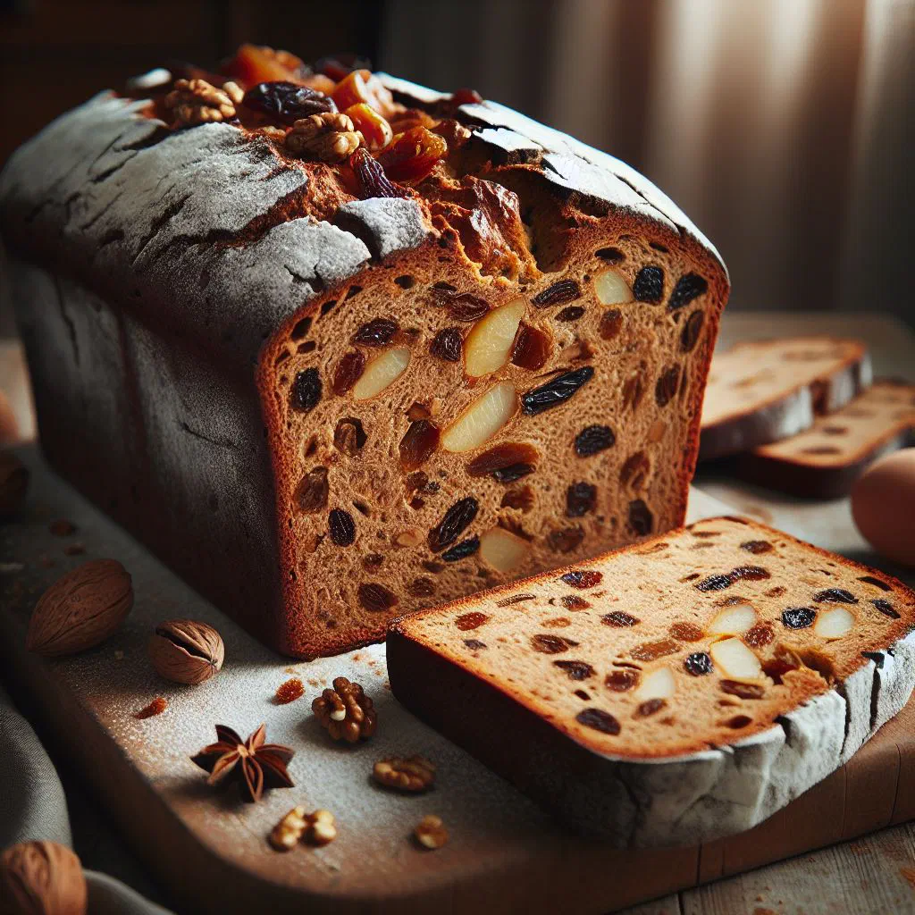 Sliced Kletzenbrot loaf studded with dried fruit and nuts
