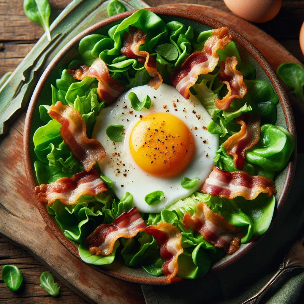 Lamb's lettuce salad topped with crispy bacon and a soft egg