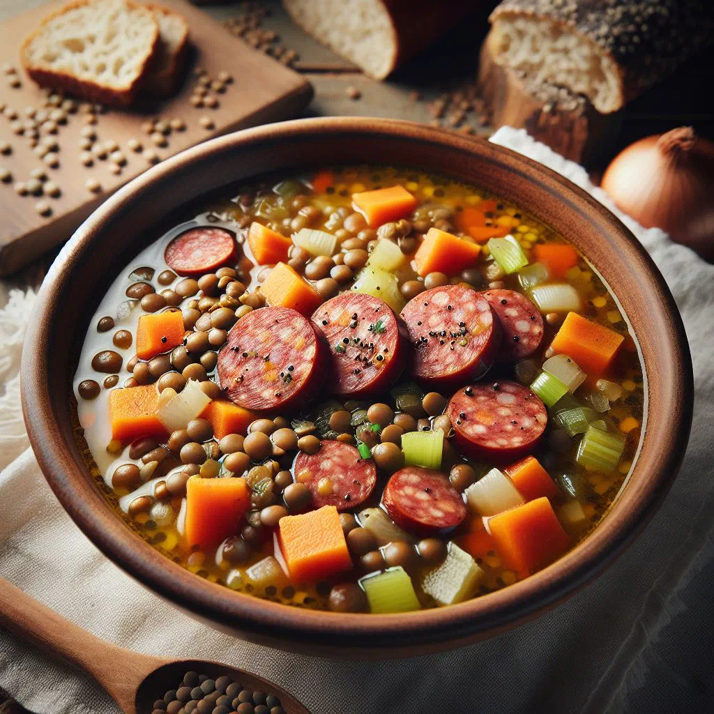 A bowl of hearty Austrian lentil soup garnished with fresh parsley