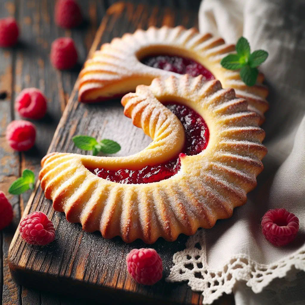 Crescent-shaped Linzer Kipferl biscuits dusted with icing sugar and filled with raspberry jam