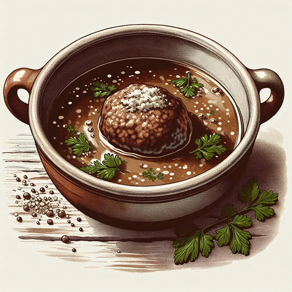 Austrian liver dumpling soup in clear beef broth garnished with chives