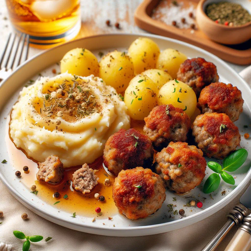 Austrian meat patties served on creamy mashed potatoes with fresh herbs