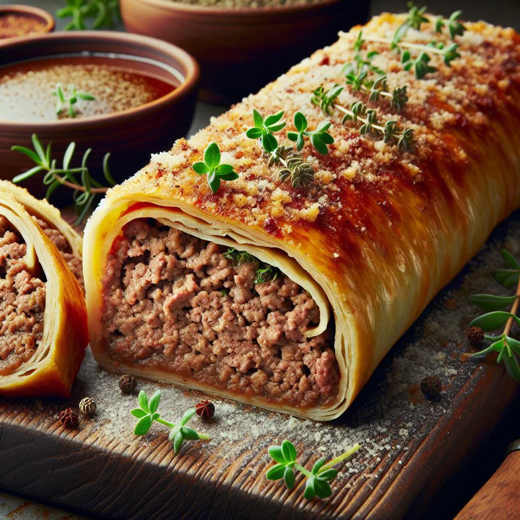 Sliced Austrian meat strudel with a golden, flaky pastry crust
