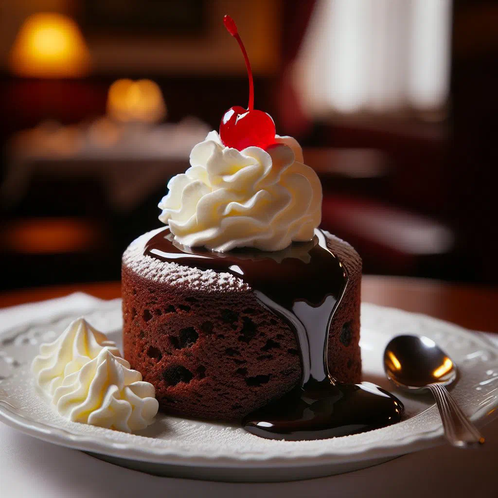 Warm chocolate cake dusted with icing sugar and served with whipped cream