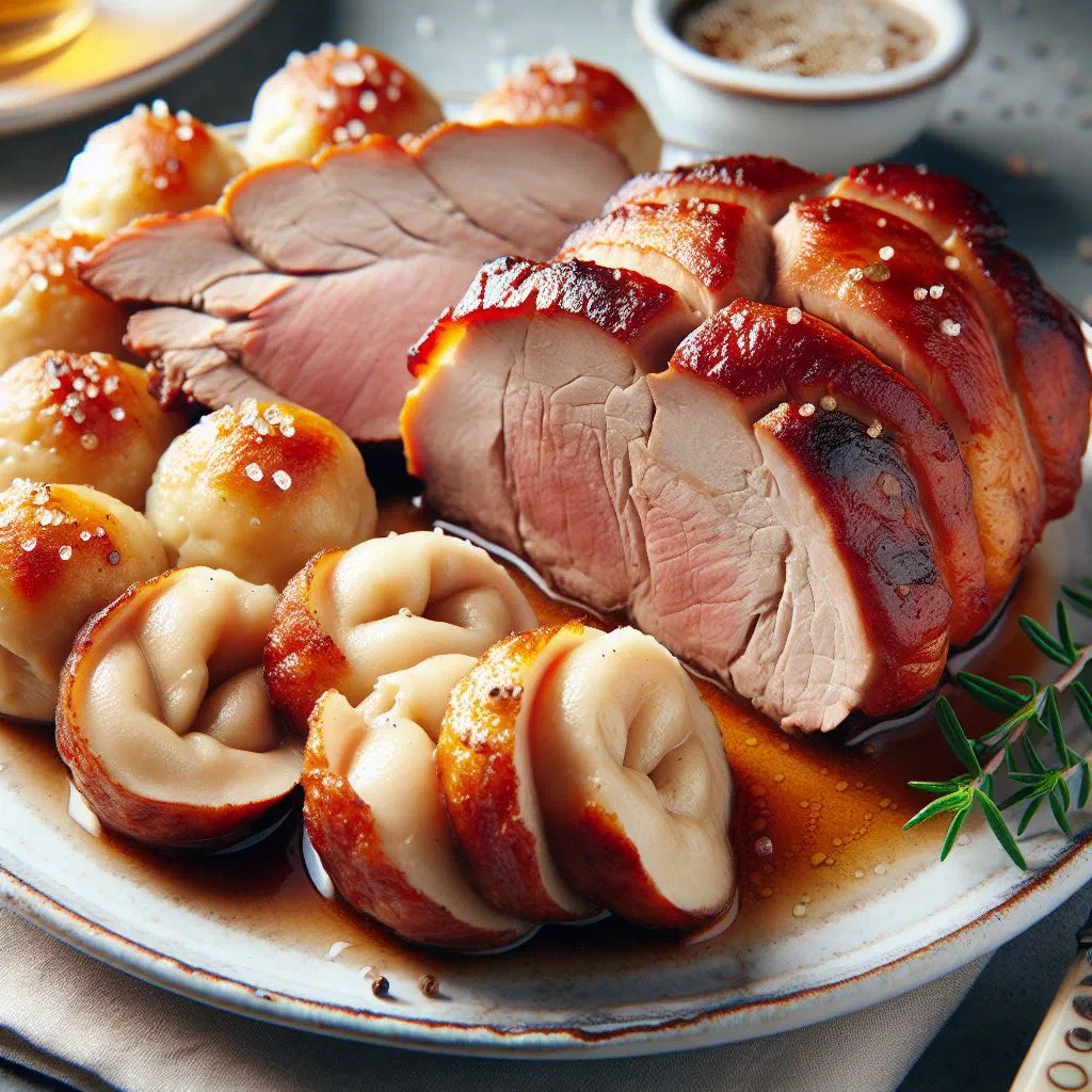 Sliced most-braised pork roast served with bread dumplings and gravy