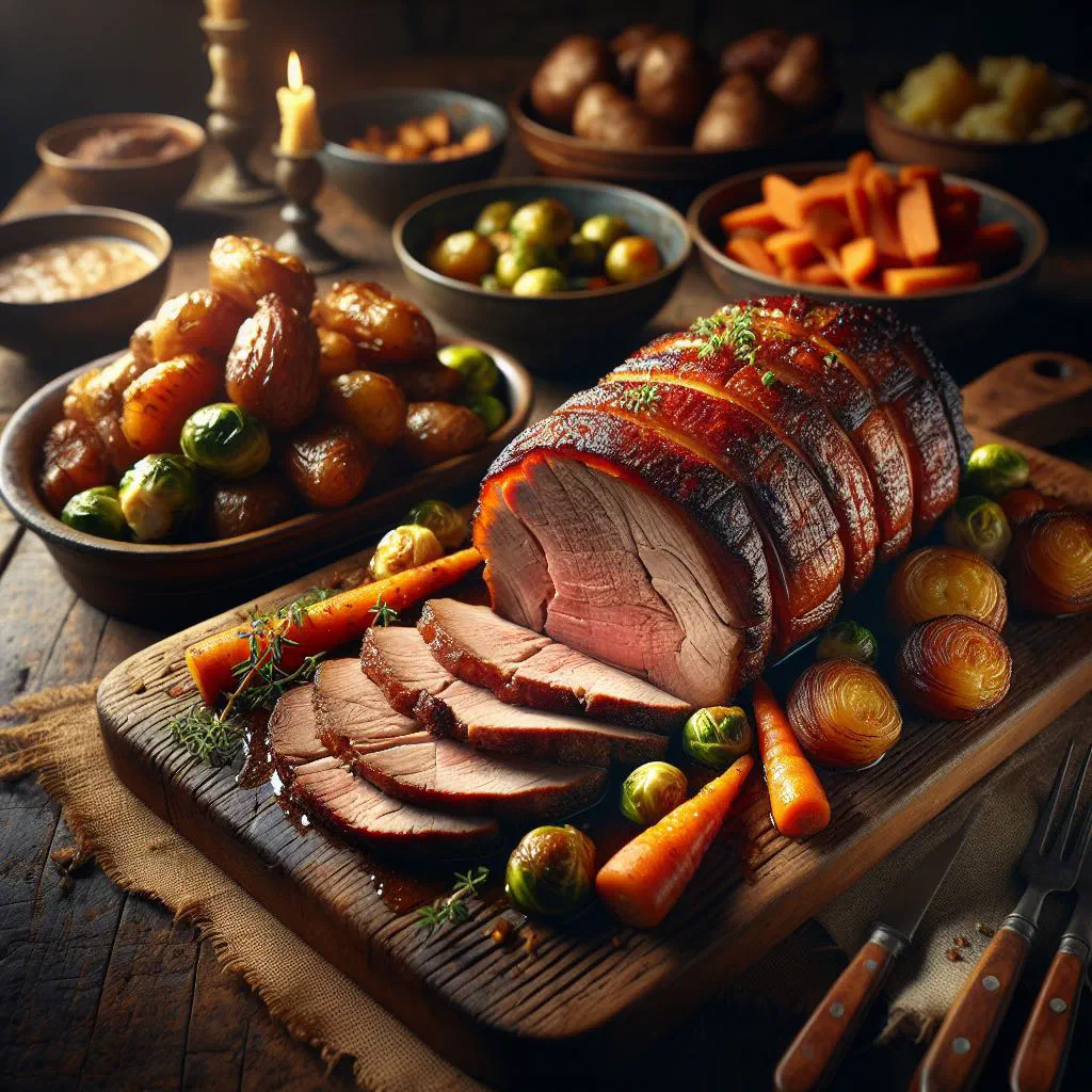 Sliced braised pork most roast with vegetables and cider sauce