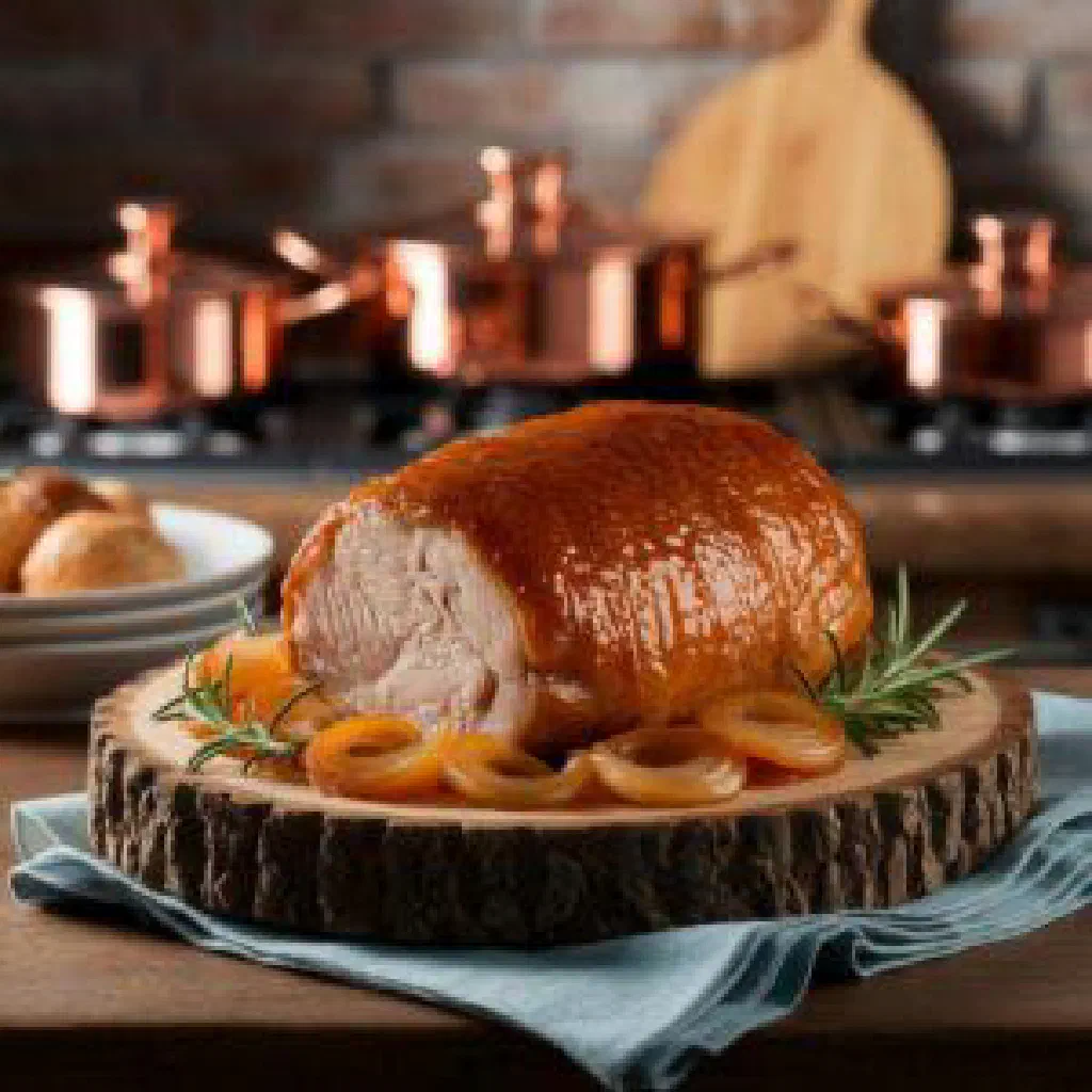 Sliced Mostbratl pork roast with crispy crackling and herbs