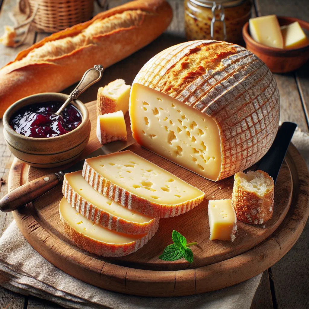Sliced Mostviertler Schofkas sheep's cheese on toasted farmhouse bread with herbs