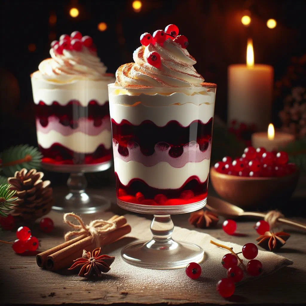 Creamy mulled wine parfait served in a glass with berries and a cinnamon stick