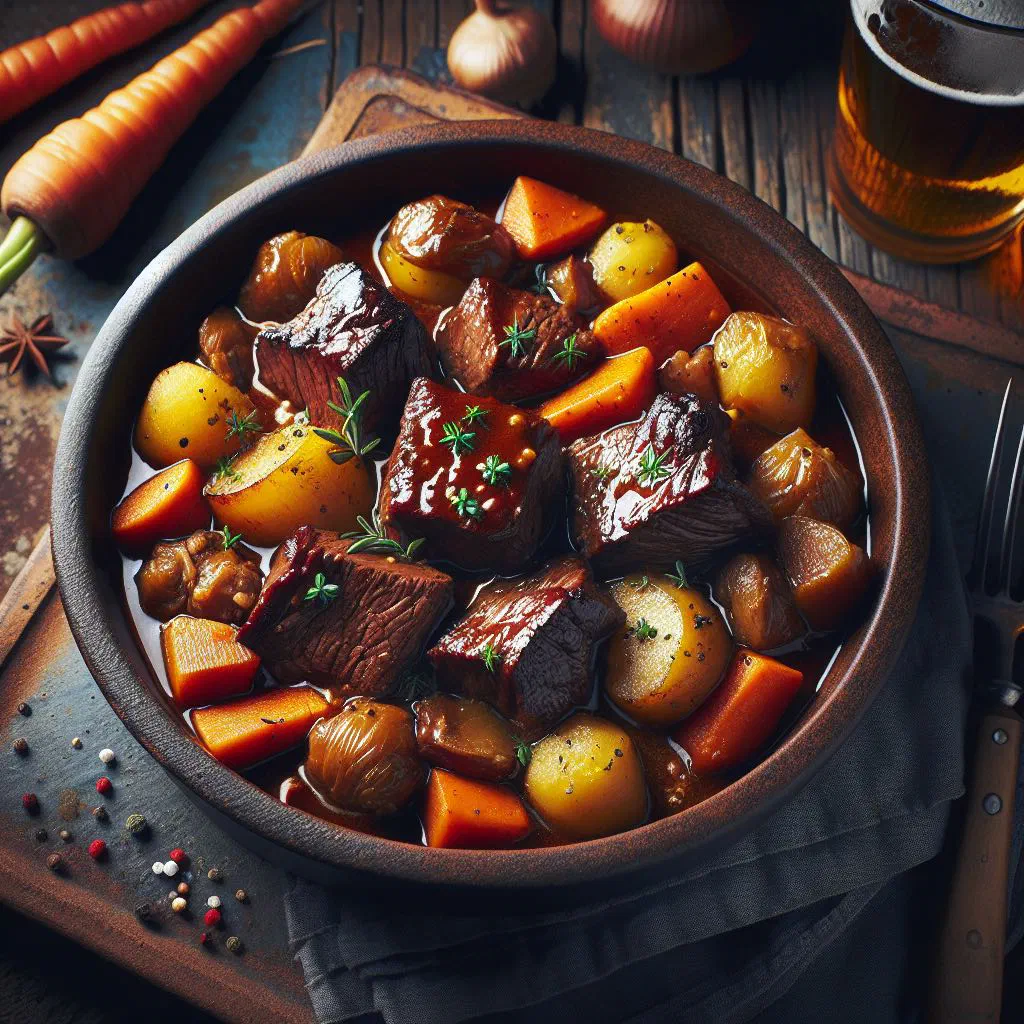 Tender beer-braised beef with carrots in a rustic bowl