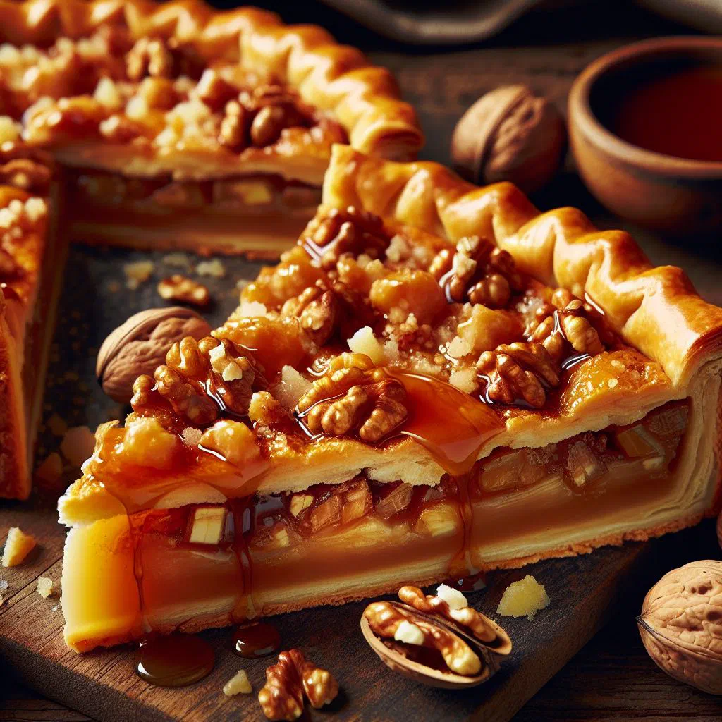 Slice of Austrian nut cake dusted with icing sugar and topped with whole nuts