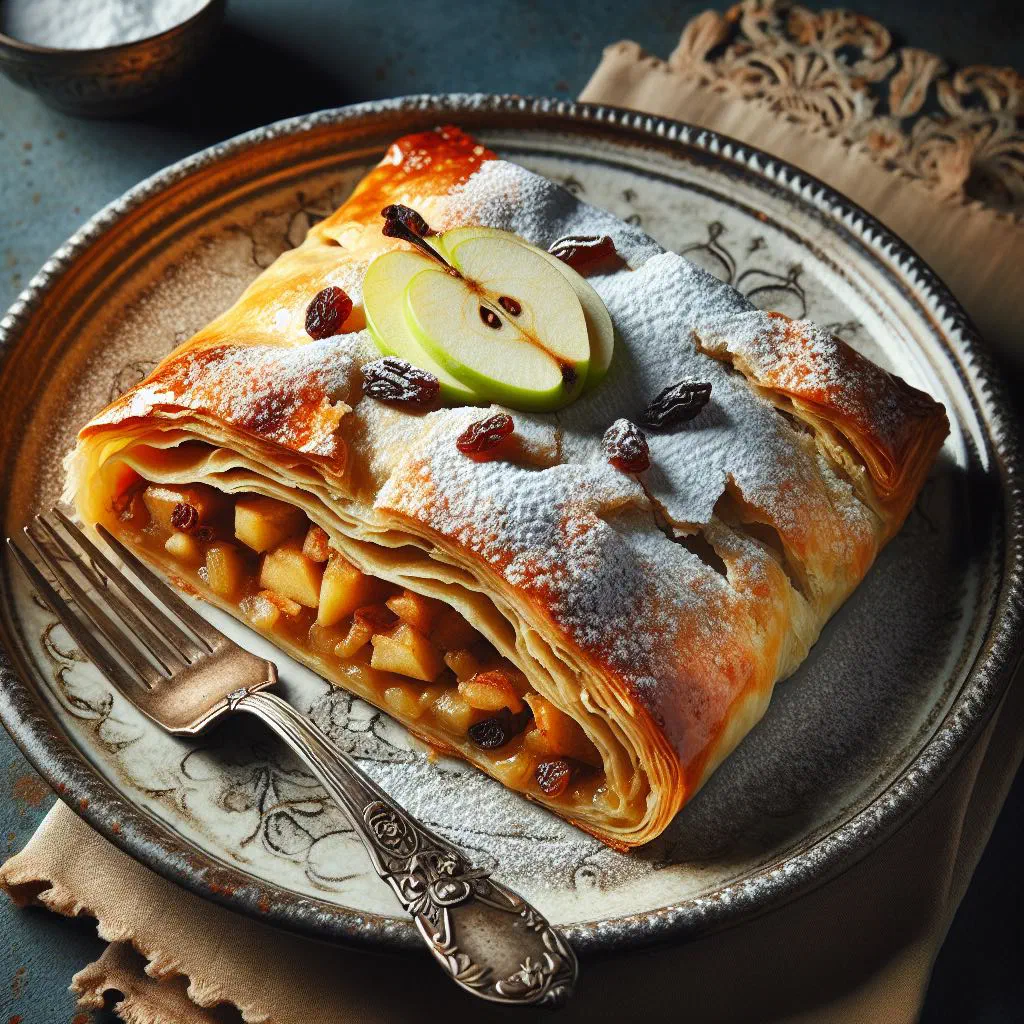 Slice of Old Viennese apple strudel dusted with icing sugar