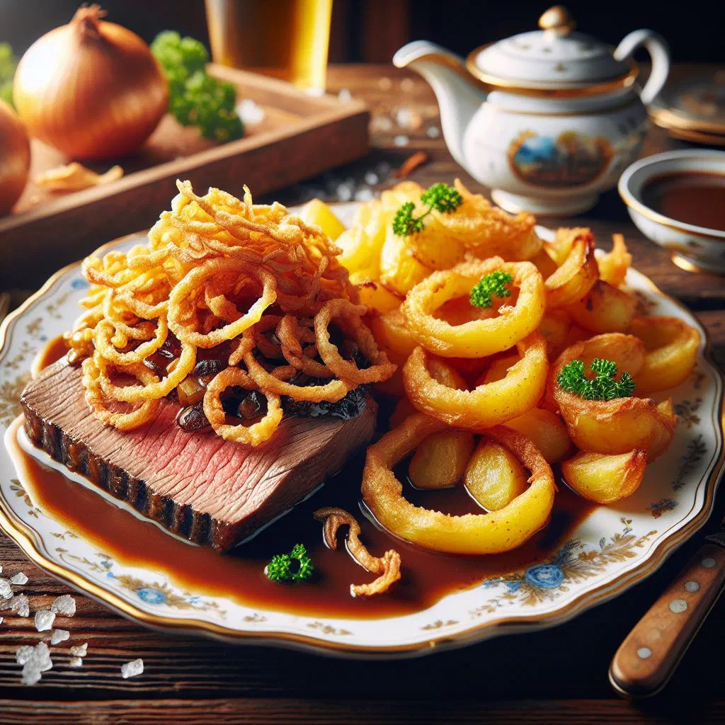 Onion roast beef topped with golden fried onion rings, served with crispy roast potatoes