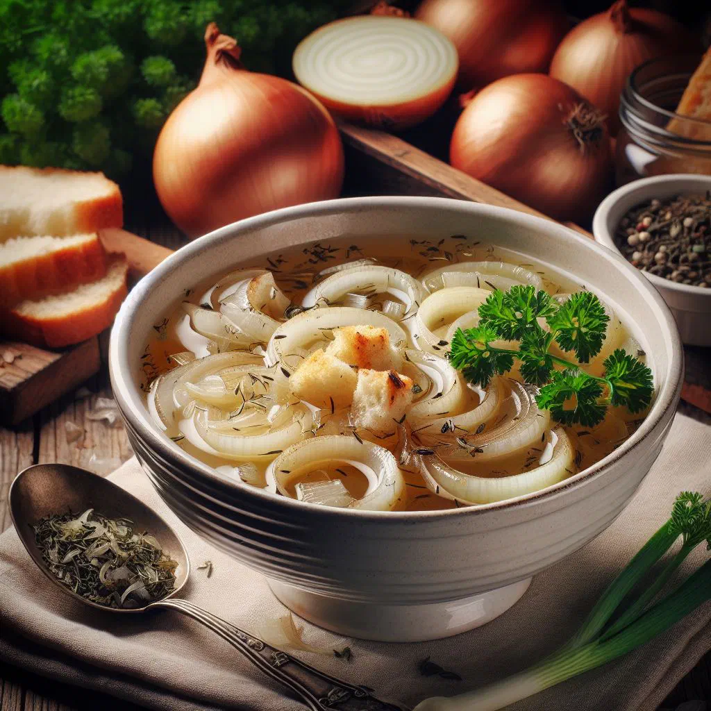 Austrian onion soup topped with melted cheese and crusty bread