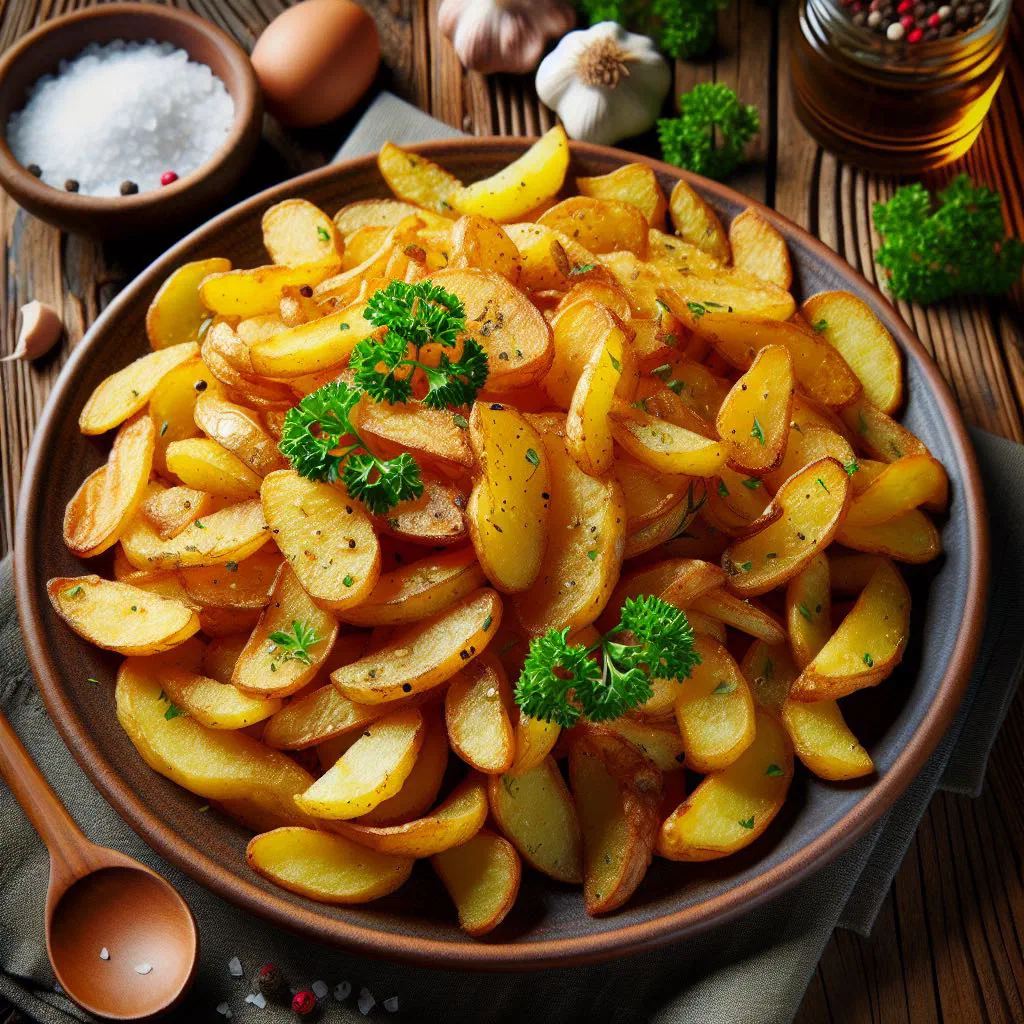 Golden, crispy pan-fried potatoes with onions and fresh herbs in a pan