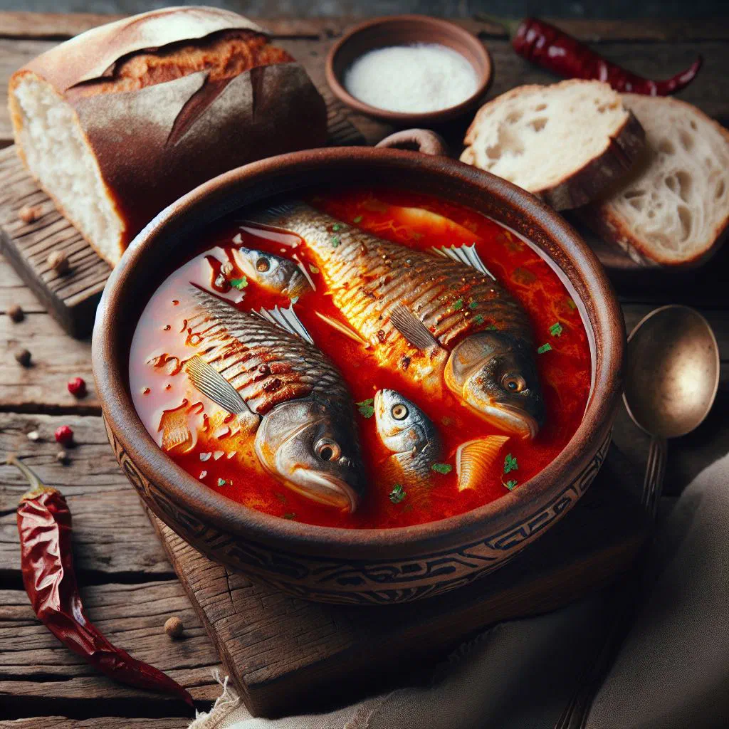 A steaming bowl of Pannonian fish soup with paprika, peppers and fresh herbs