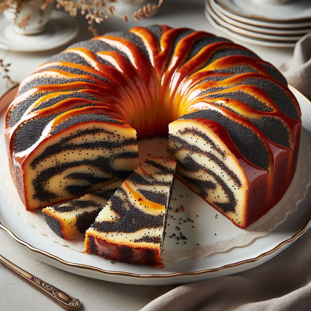 Slice of Austrian poppy seed cake dusted with icing sugar