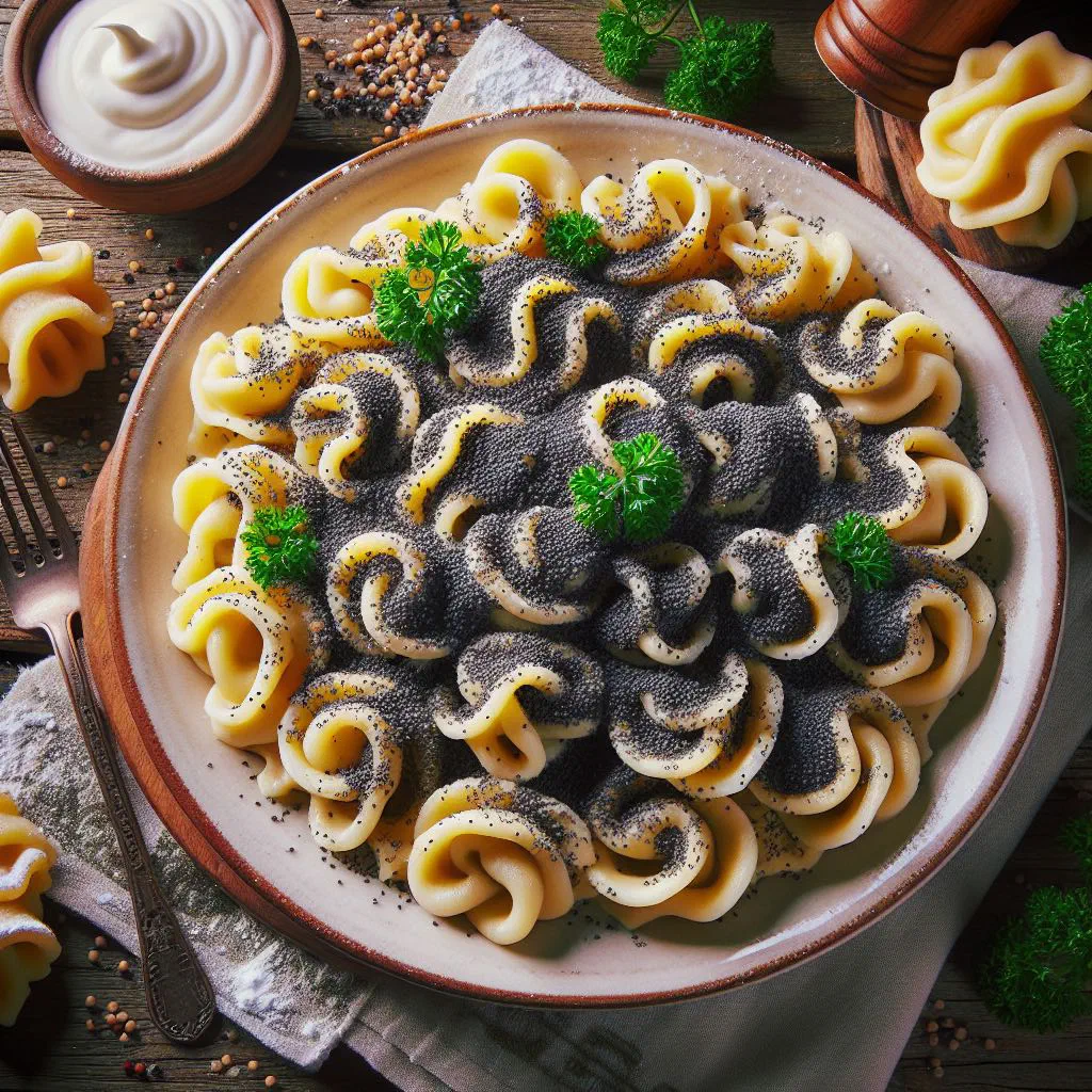 Soft potato noodles rolled in ground poppy seeds and sugar on a plate