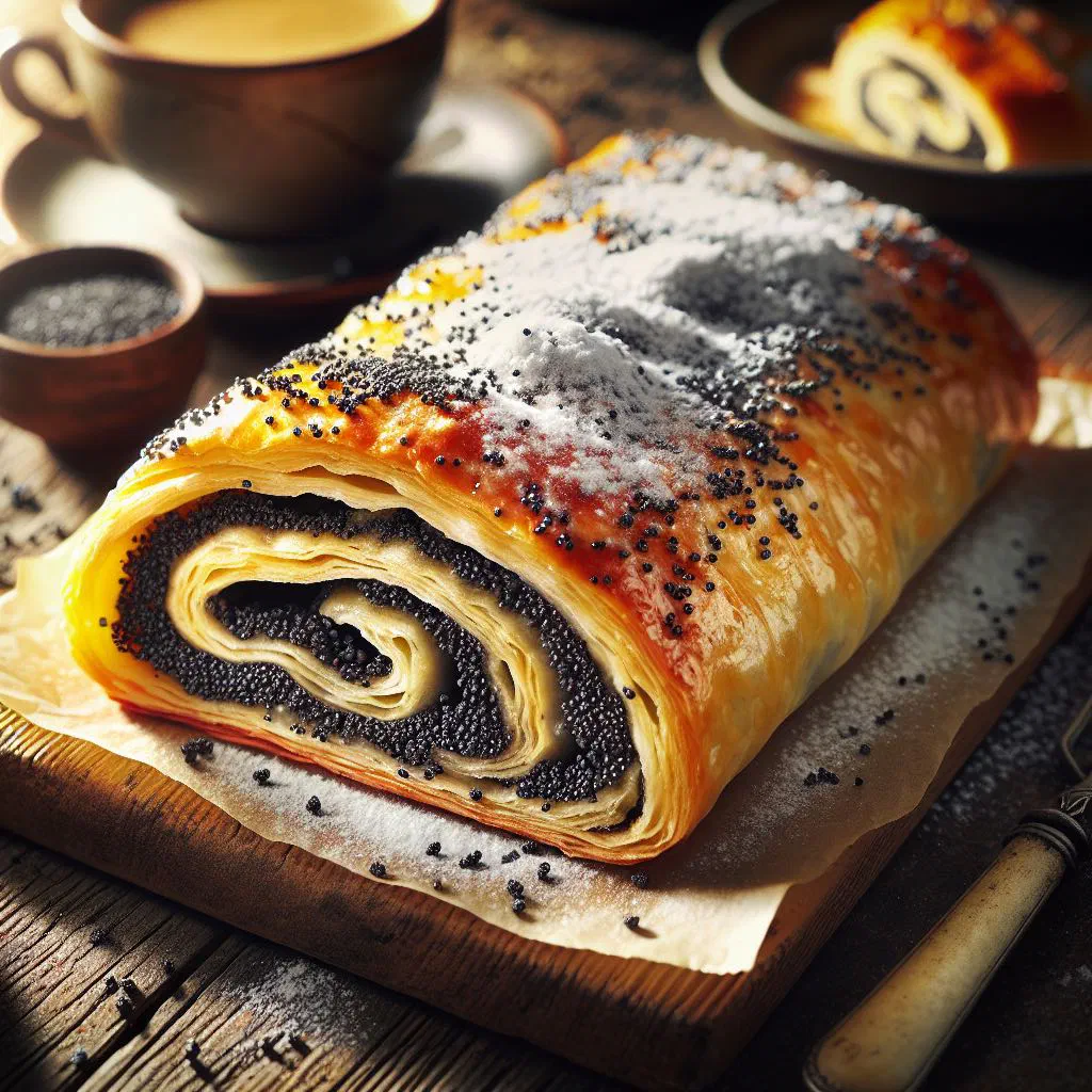 Sliced Austrian poppy seed strudel dusted with icing sugar