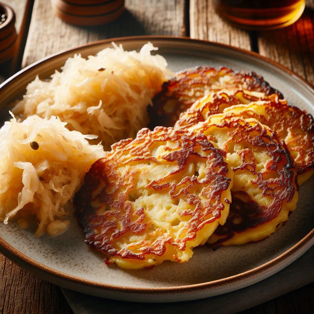 Golden pan-fried Austrian potato cakes served with sauerkraut