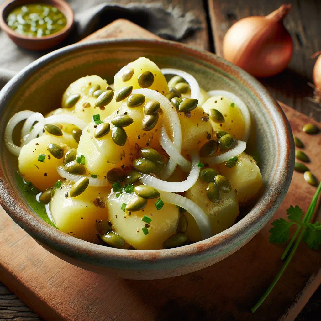 Austrian potato salad dressed with dark green pumpkin seed oil and chopped onion