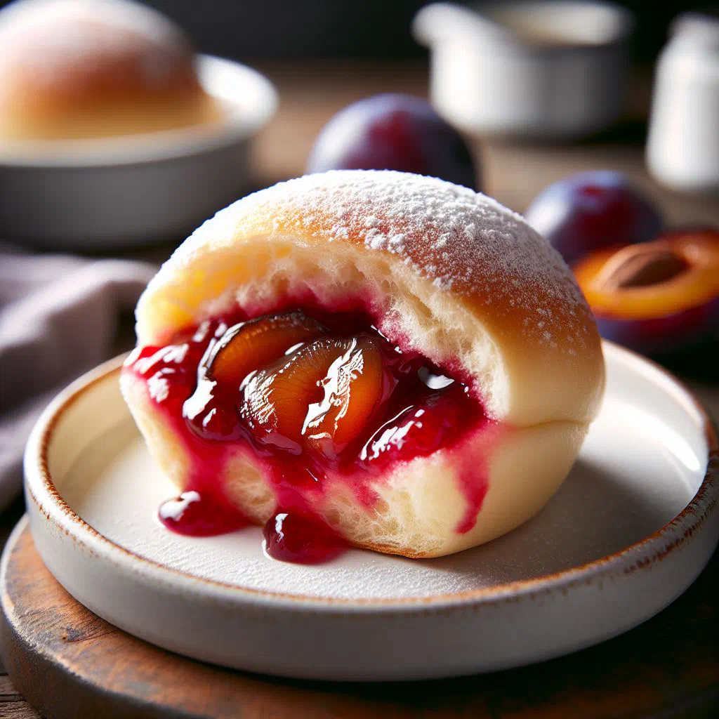Golden baked Powidlbuchteln filled with plum jam, dusted with icing sugar
