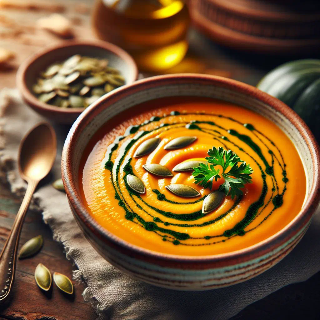 Bowl of creamy pumpkin soup drizzled with dark green pumpkin seed oil