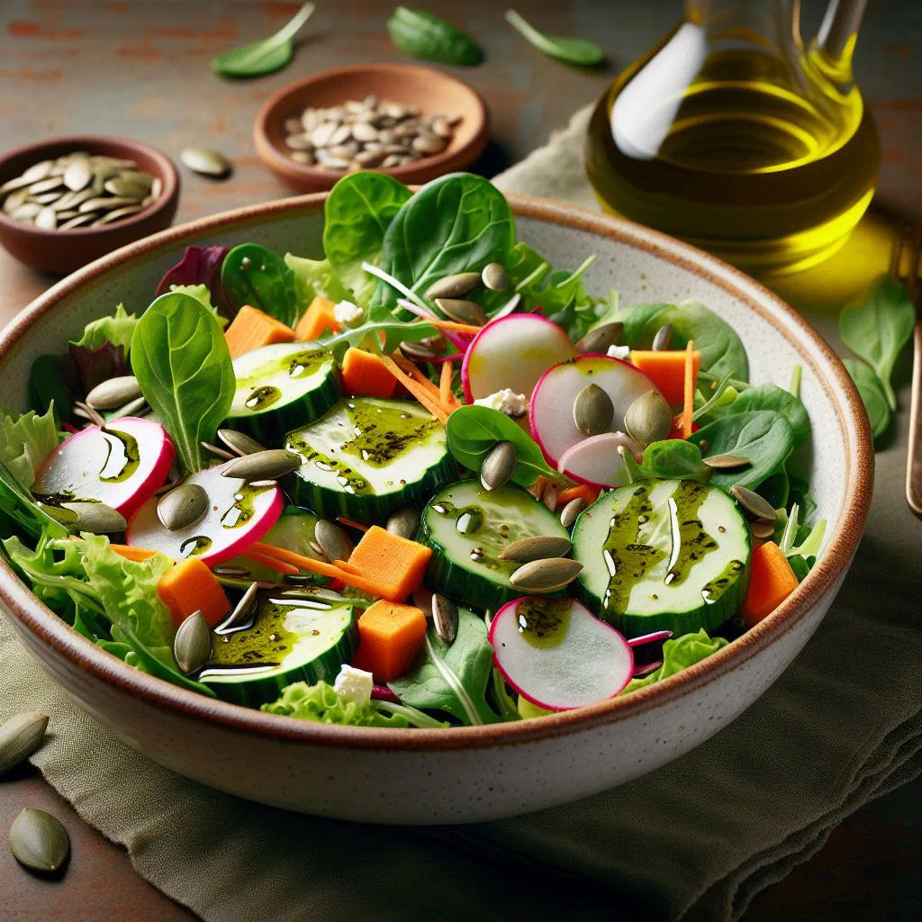 Mixed leaf salad dressed with dark Styrian pumpkin seed oil and toasted pumpkin seeds