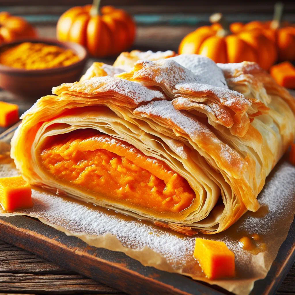 Golden pumpkin strudel sliced to show the spiced pumpkin filling