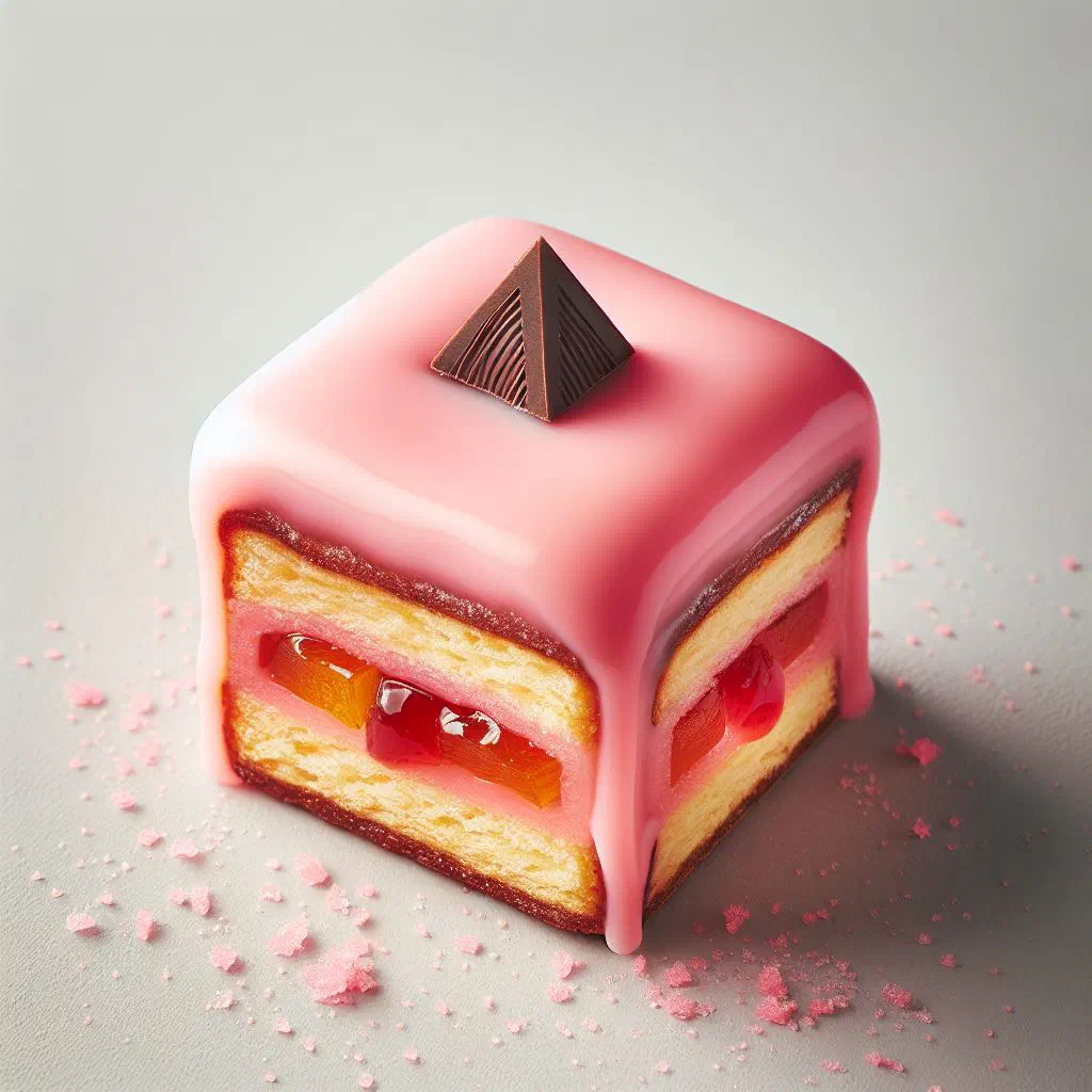 Pink-glazed cube-shaped Punschkrapfen pastries on a plate
