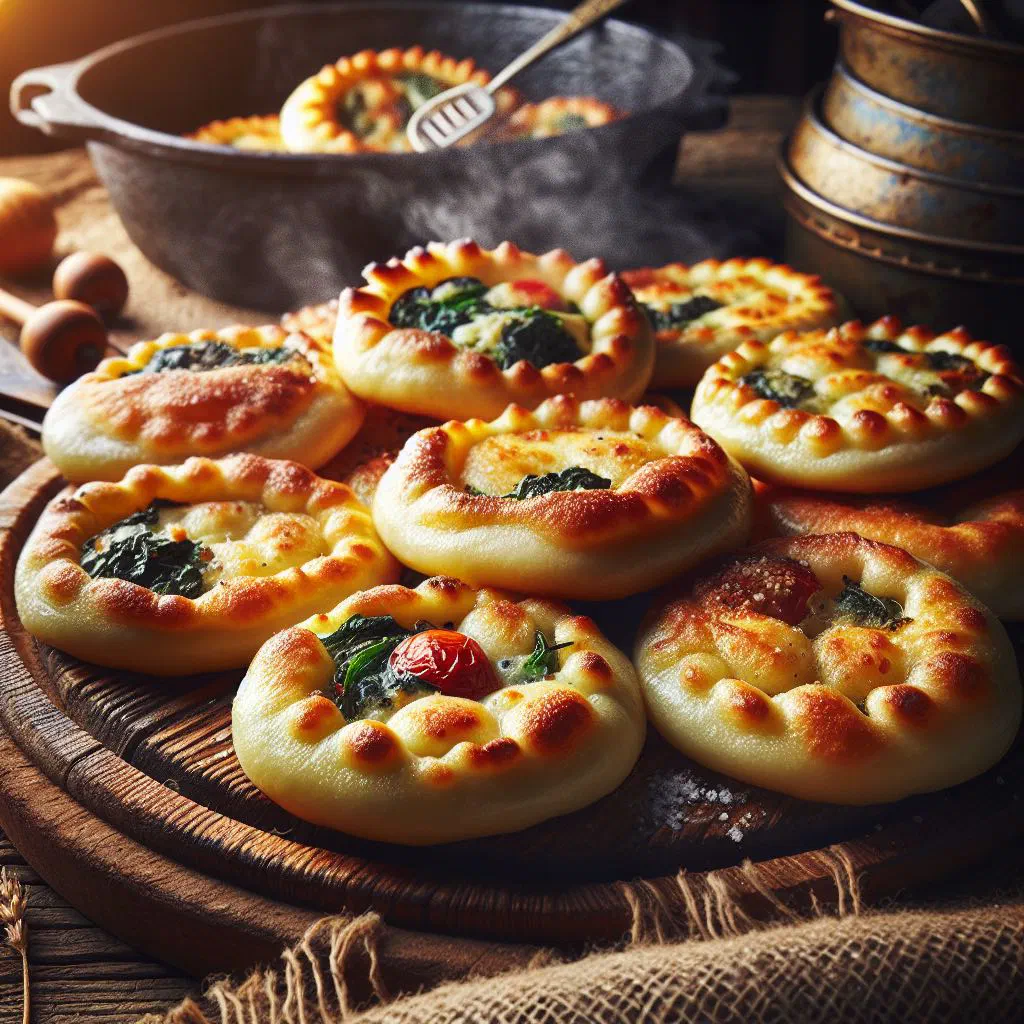 Golden Pustertaler Tirtlan filled with potato, bacon and onion on a wooden board
