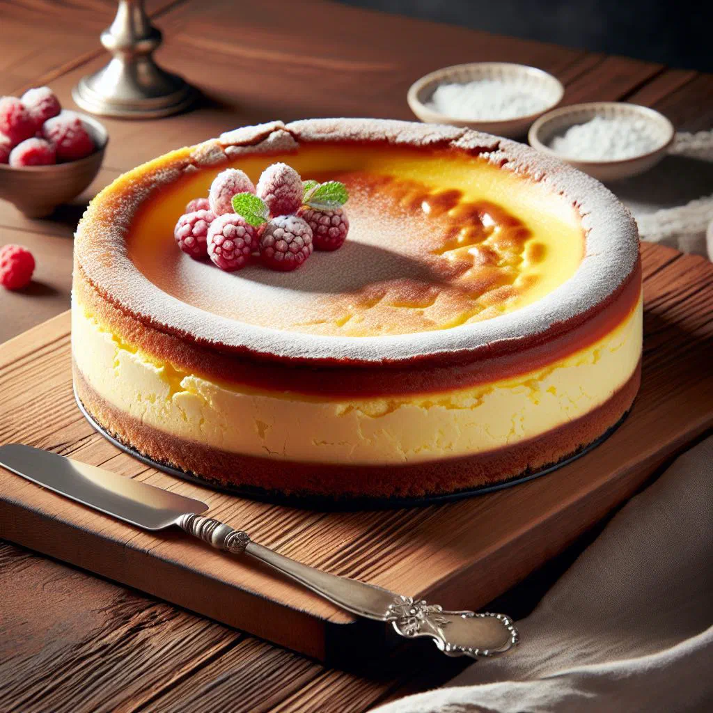 Slice of Austrian quark cheesecake dusted with icing sugar