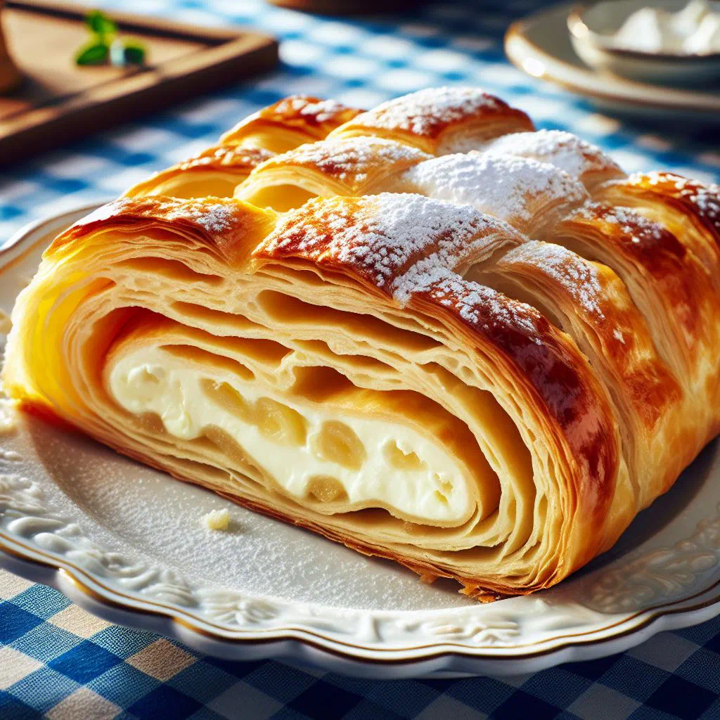 Slice of Austrian quark strudel dusted with icing sugar