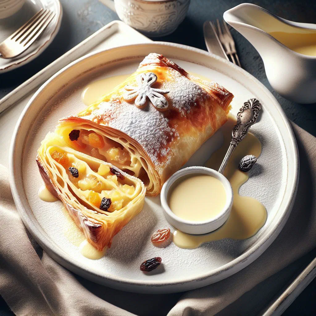 Slices of Austrian quark strudel served warm with vanilla sauce