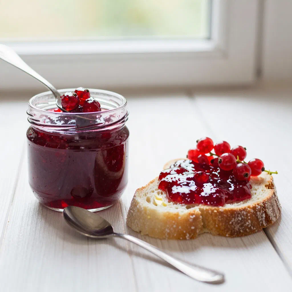 Jars of homemade redcurrant jam with fresh redcurrants beside them