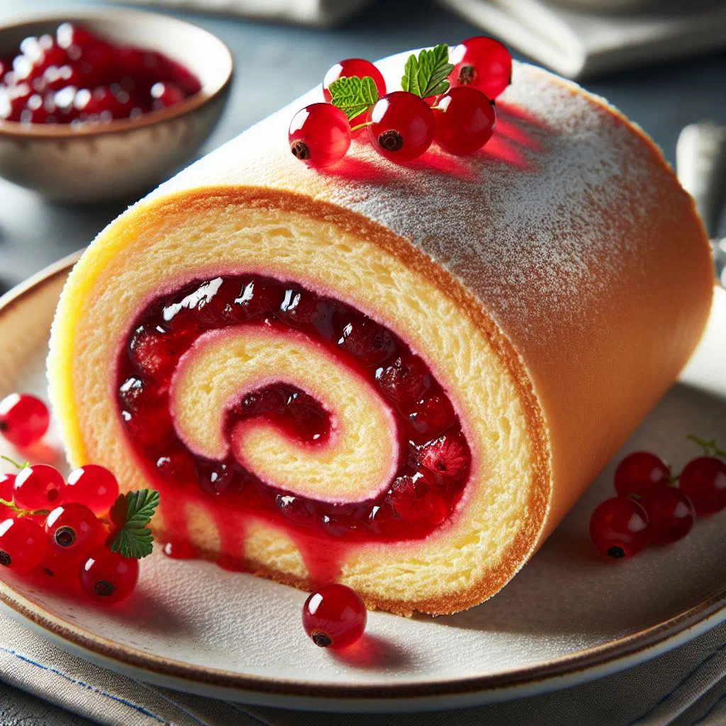 Slice of redcurrant roulade with cream filling and fresh berries