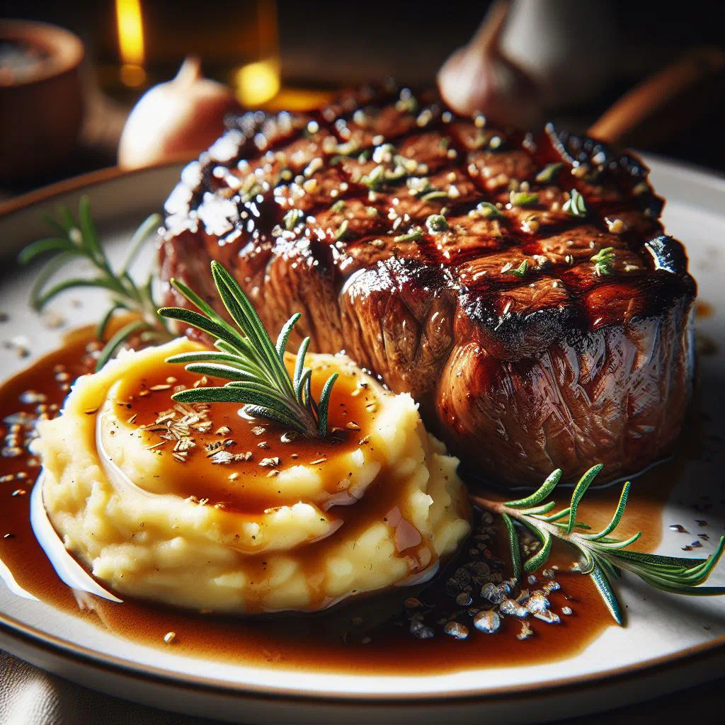 Juicy rump steak served with creamy mashed potatoes and rosemary