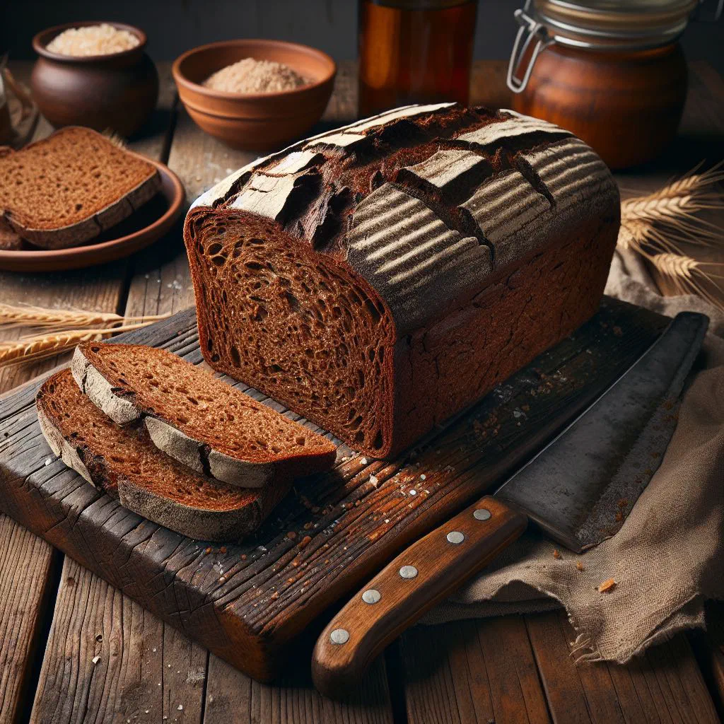 A rustic loaf of Austrian rye bread with a dark, crusty top, sliced on a wooden board