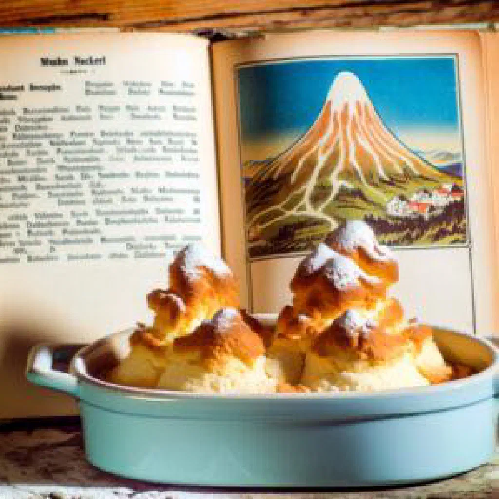 Three golden, dusted mounds of Salzburger Nockerl soufflé in a baking dish