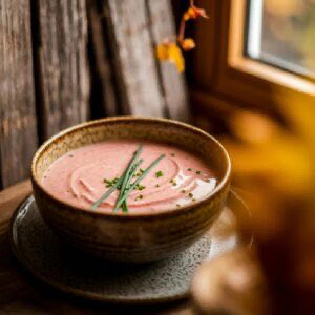 Creamy Schilcher cream soup garnished with fresh herbs in a bowl