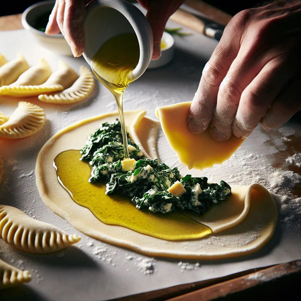 Schlutzkrapfen filled pasta pockets topped with browned onion butter and herbs