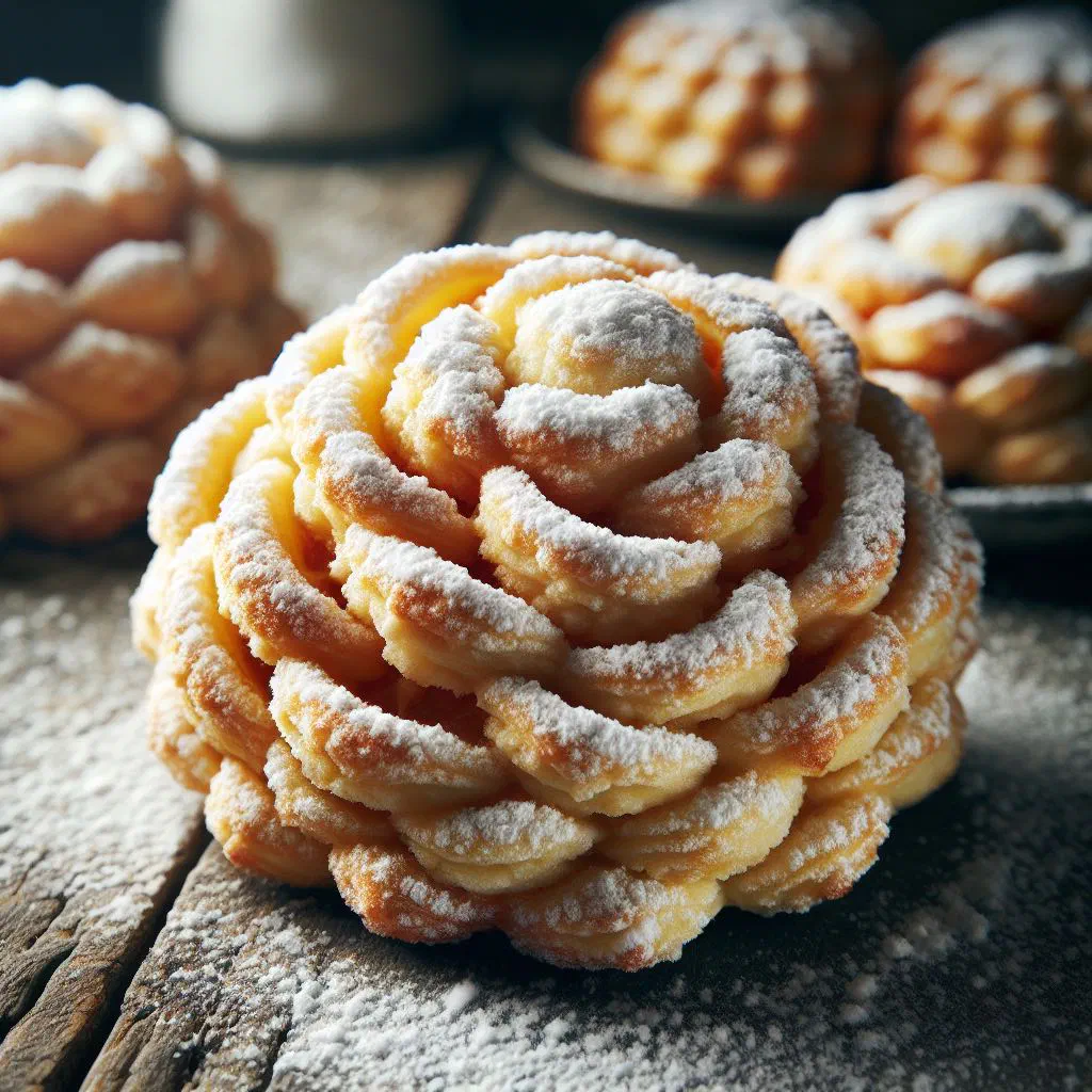 Deep-fried Schneeballen pastry balls dusted with icing sugar