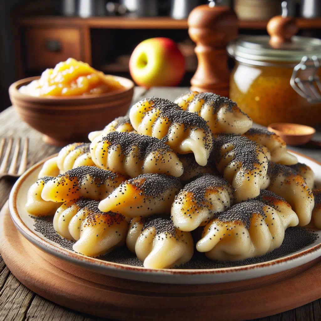 Golden pan-fried Schupfnudeln dusted with sweetened poppy seeds