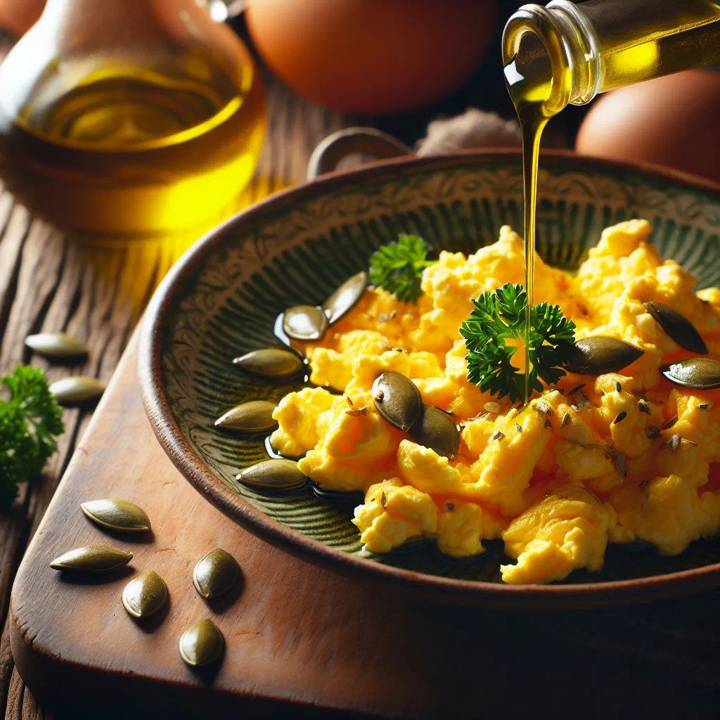 Creamy scrambled eggs drizzled with dark green pumpkin seed oil and fresh herbs