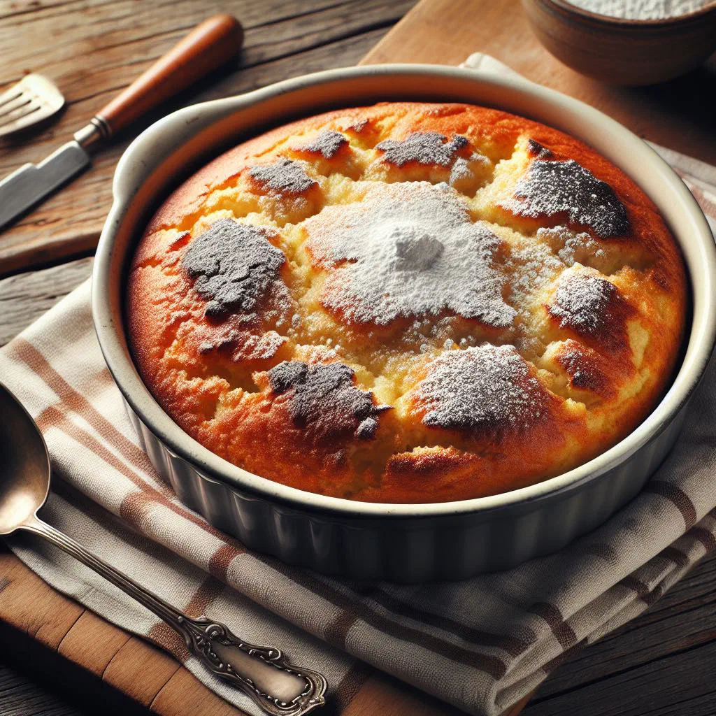 Golden-baked Austrian semolina pudding dusted with icing sugar