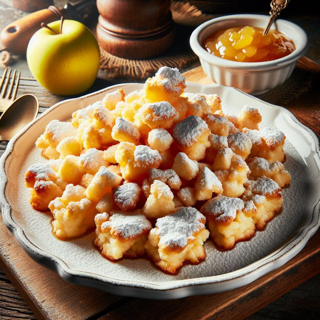 Fluffy torn semolina schmarrn dusted with icing sugar and served with fruit compote