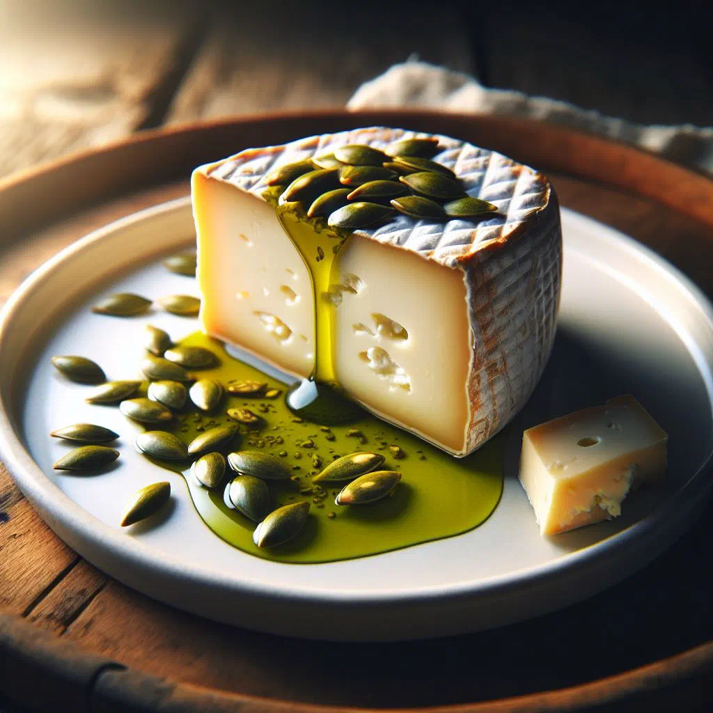 Sheep's cheese drizzled with dark green pumpkin seed oil, served with tomatoes and rocket