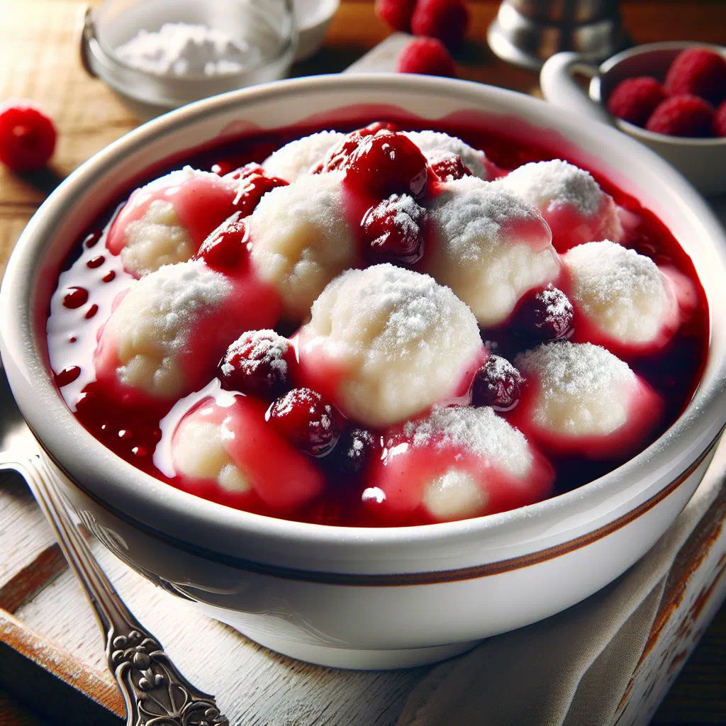 Light snow dumplings served with a fruity raspberry sauce and fresh berries