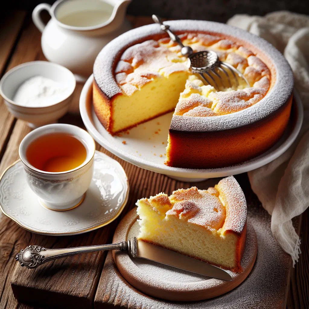 Golden Austrian sour cream cake dusted with icing sugar on a plate