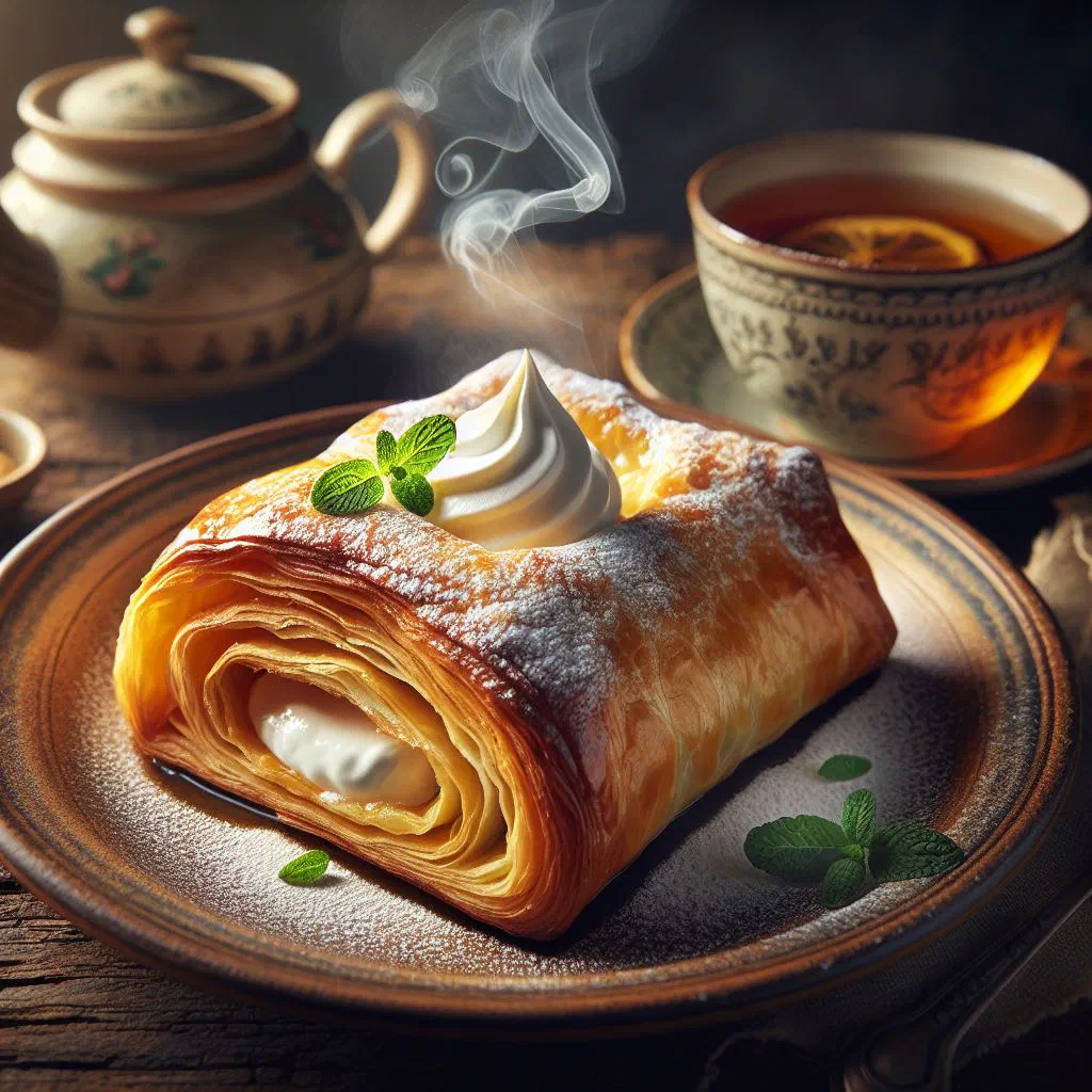 Golden baked sour cream strudel dusted with icing sugar